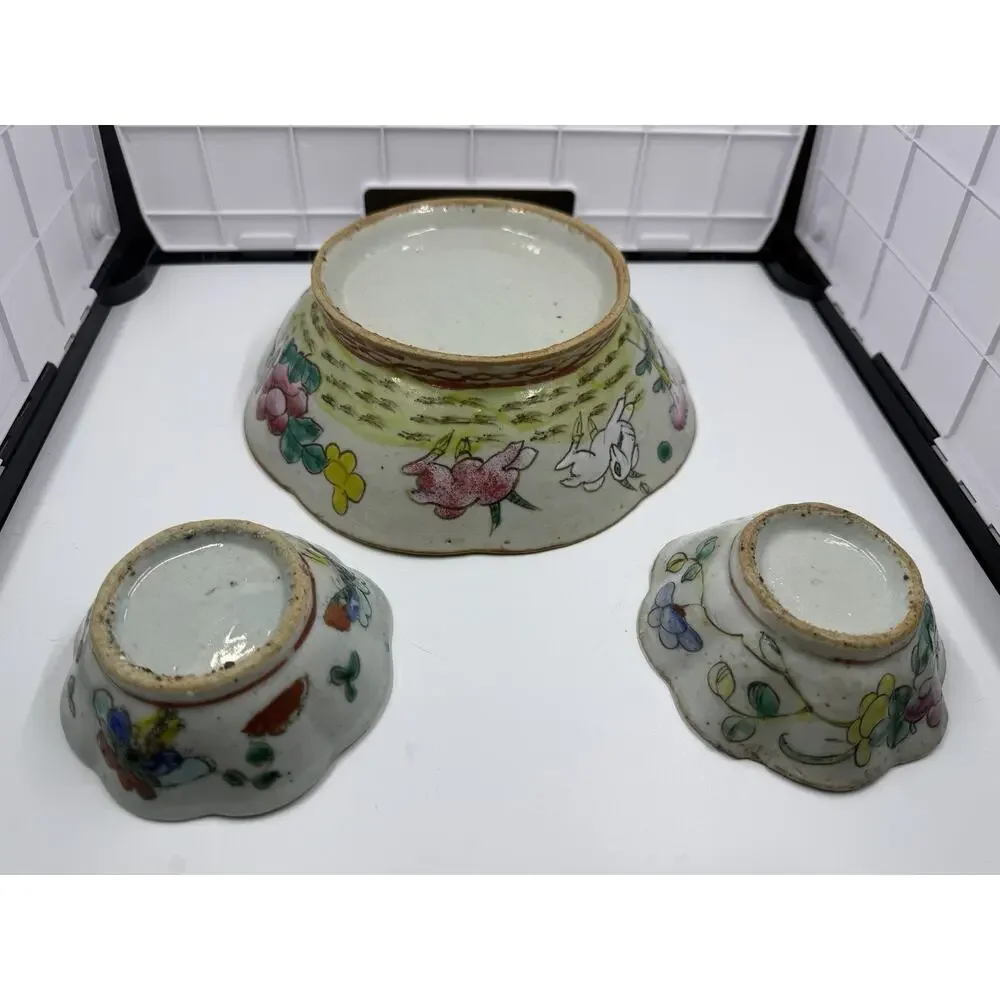 3 Antique Chinese Famille Rose Porcelain Bowl & Scalloped Dishes Set Turquoise